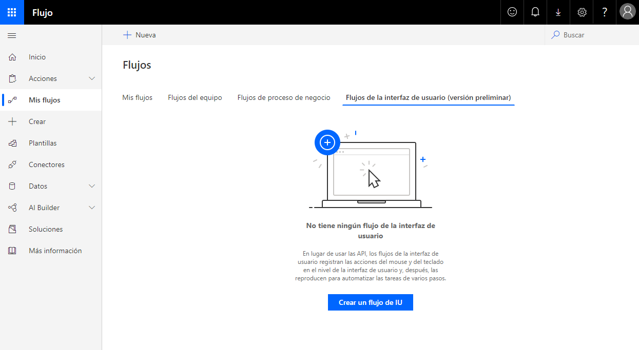 Microsoft Power Automate. Ilustración 1: Pantalla inicial de UI Flows Microsoft Power Automate. Ilustración 1: Pantalla inicial de UI Flows