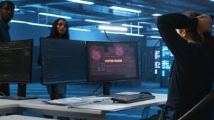 Programmer in server hub requesting assistance during hacking attack