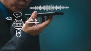 conversation with AI Chatbots use their voices to dub movies or read commercials. Voice recognition of modern AI technology.